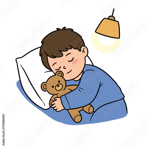 Peaceful cartoon boy sleeping hugging a brown teddy bear wearing blue pajamas.