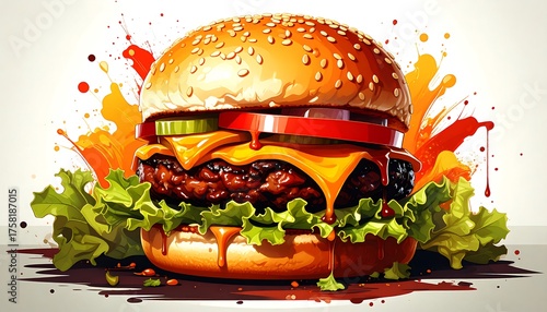 A mouthwatering illustration of a juicy cheeseburger, brimming with colorful toppings, and vibrant splashes of sauce, highlighting the deliciousness of a fast food staple.