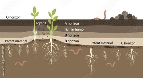 Soil Layers with Plants and Worms Illustration.