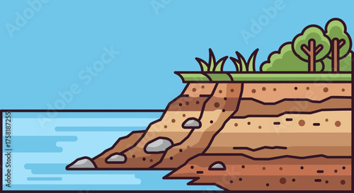 Coastal Cliff Erosion with Layered Soil and Vegetation Illustration.