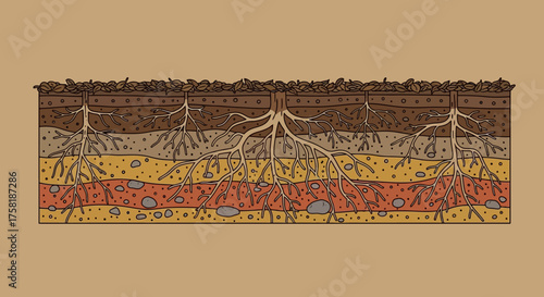 Soil Profile with Root Systems and Distinct Layers.