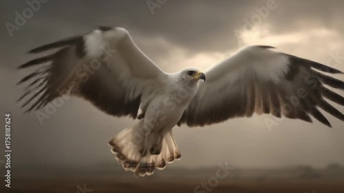 A majestic white bird with dark wingtips soars under a cloudy sky
