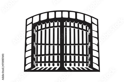 Architectural black drawing showcases a gothic style prison gate design with solid black structure