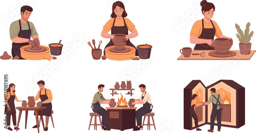 Cartoon People Making Pottery with Clay, Wheel, Kiln, and Tools in Studio Scenes, Calm Mood, Six-Scene Craft Series