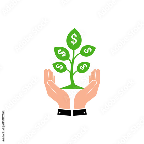 Hands nurturing a money tree seedling on white symbolizing growth and investment for financial success and prosperity.