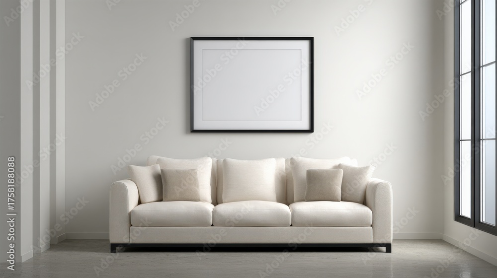 Fototapeta premium Modern living room with blank black frame above sofa