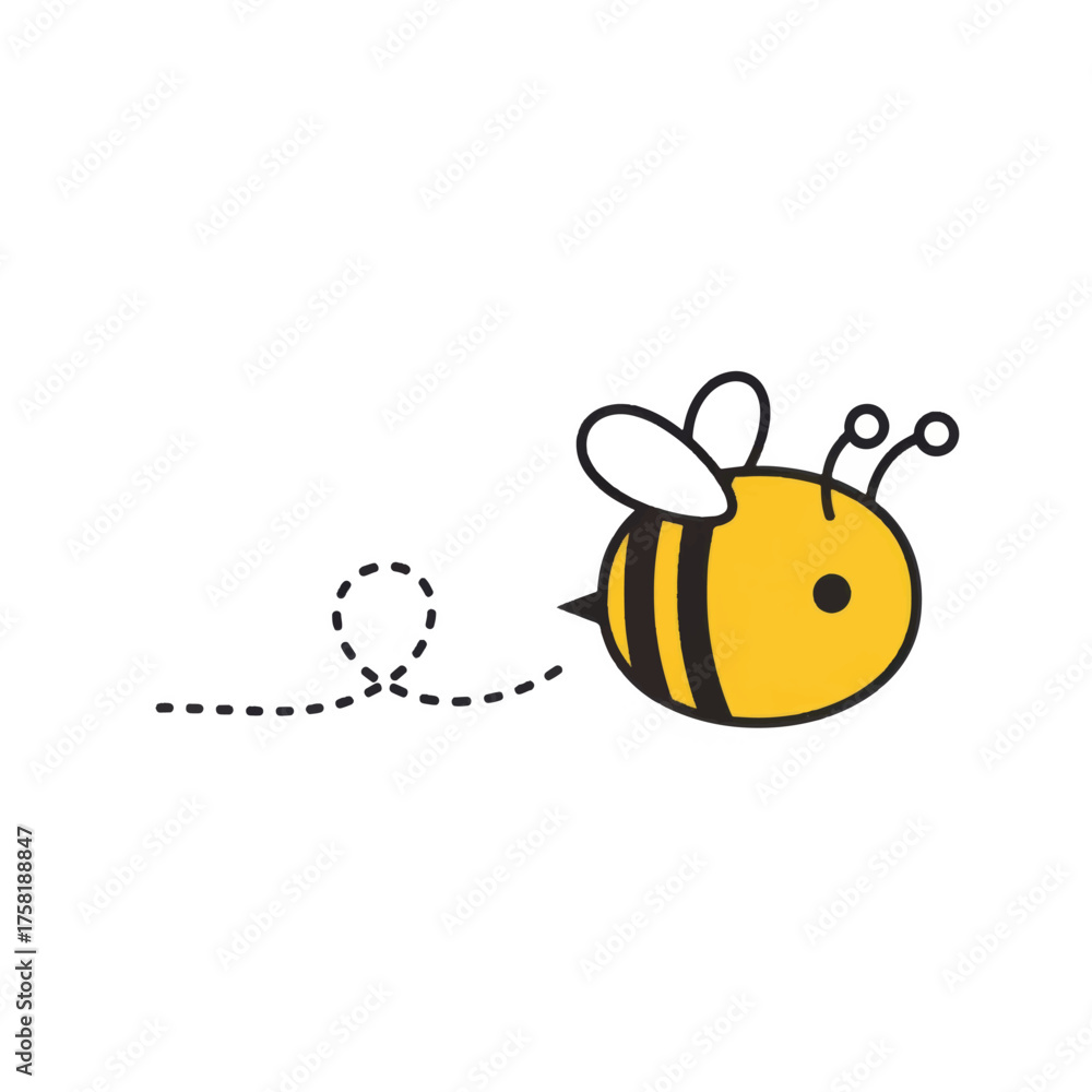 Obraz premium Cute cartoon bee flying with dotted trail yellow and black stripes.