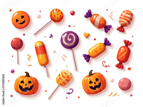  Halloween candy vector icons with lollipops, candy corn and wrapped sweets isolated on white background