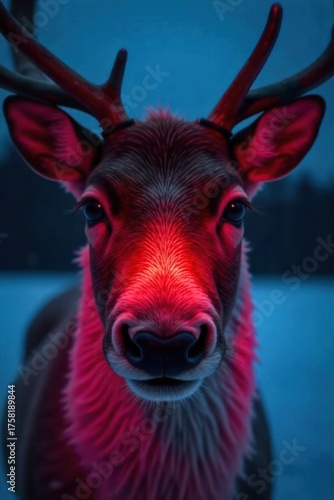 Rudolph s Shiny Nose Trail through Snowy Woods Close up, low angle, of a single reindeer s glowing red nose. The nose emits a warm, bright red light that illuminates a snowy forest path at night. Snow