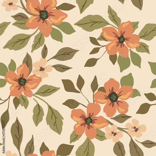 Seamless floral pattern, liberty ditsy print of delicate hand drawn plants. Elegant botanical design in a vintage nature style. Small flowers, large leaves in simple bouquets. Vector illustration.