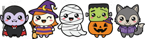 Kawaii Halloween Characters Collection Vector, Cute Vampire, Witch, Mummy, Frankenstein, Pumpkin, Werewolf Cartoon Set