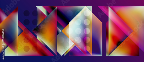 Abstract geometric shapes, vibrant colors, dynamic composition. Purple background emphasizes bright triangles, circles, gradients. Modern design.