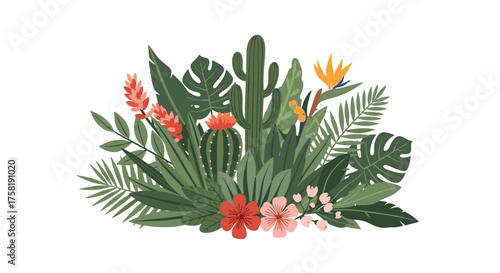 A vibrant bouquet of tropical foliage and exotic flowers creates a lush jungle arrangement.