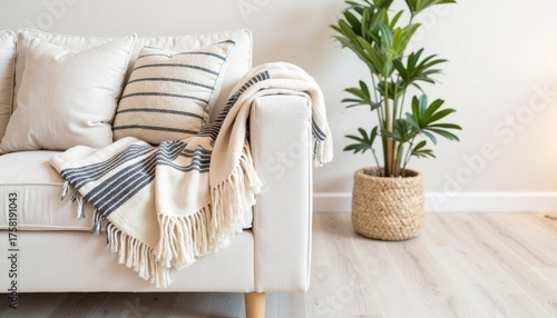 Cozy sofa with decorative throw and potted plant in bright room  