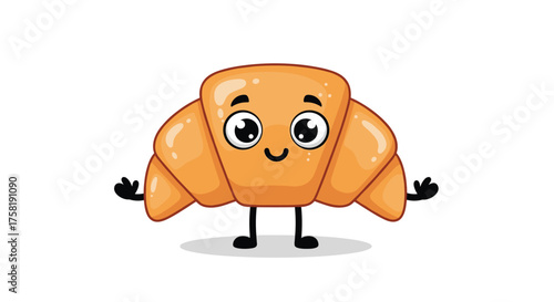 A cute and happy cartoon croissant with big eyes and a smile offering a warm welcome.