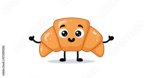 A cute happy cartoon croissant character with arms and legs waving hello with a cheerful expression.