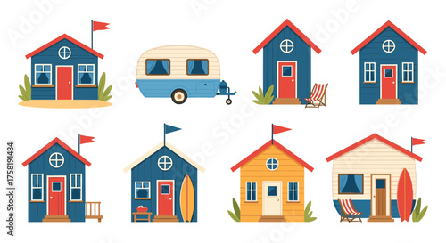 Collection of charming beach houses and a vintage caravan set against a coastal backdrop.