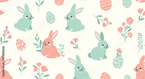 A charming repeating pattern featuring adorable pastel bunnies and blooming spring flowers.