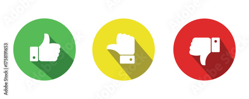 Like, dislike and neutral thumb symbols in green, yellow and red color. Feedback and rating thumbs up and thumbs down icons set. Thumbs up, down and sideways symbol icon set.