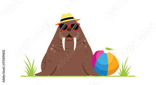 A happy walrus wearing sunglasses and a hat poses with a beach ball.