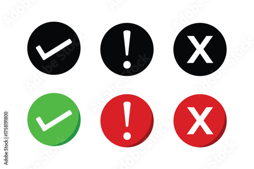 Checkmark, exclamation mark, and cross sign icon. Tick, warning, and x symbol.