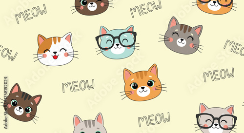 A cute and whimsical pattern featuring various cartoon cat faces and the word meow