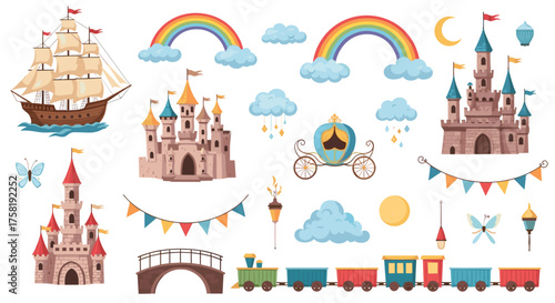 A collection of colorful pixel art elements for fairy tales and fantasy adventures.