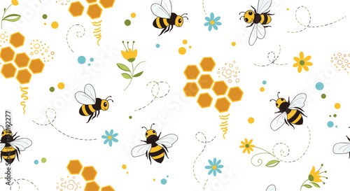 A delightful pattern featuring buzzing bees, sweet honeycomb, and delicate floral elements.