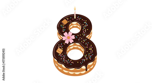 Delicious donut shaped number eight birthday cake with sprinkles and a candle.