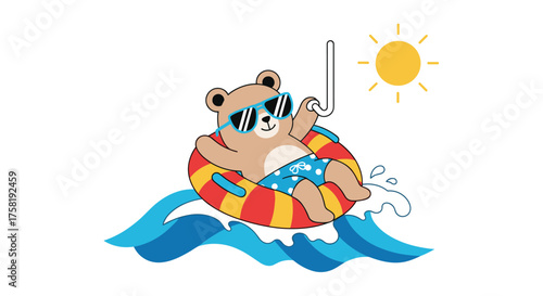 A cute cartoon bear wearing sunglasses relaxes in a colorful inflatable tube on the wavy ocean water under the bright sun.