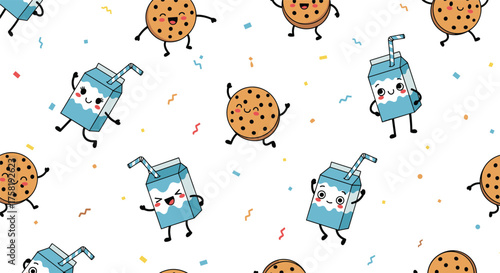 A delightful pattern of cartoon cookies and milk cartons dancing with confetti.