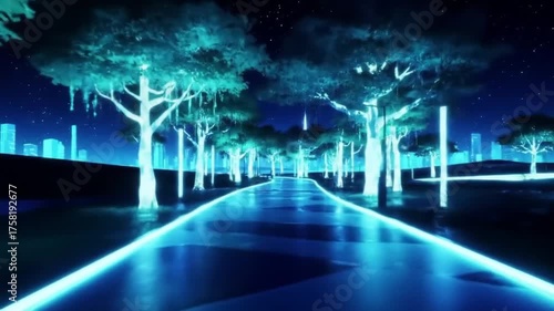 Neon-lit Road Through Futuristic City Park at Night