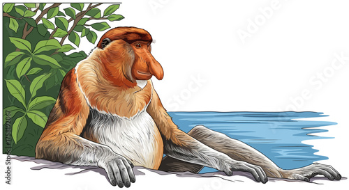 Cartoon Proboscis Monkey Relaxing with Large Nose and Fur.