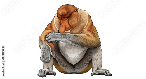Cartoon Proboscis Monkey Sitting with Large Nose and Gray Fur.