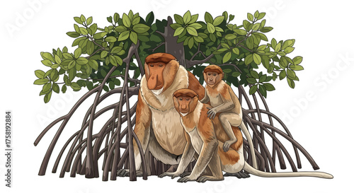 Cartoon Proboscis Monkey Family with Large Noses in Mangrove Habitat.