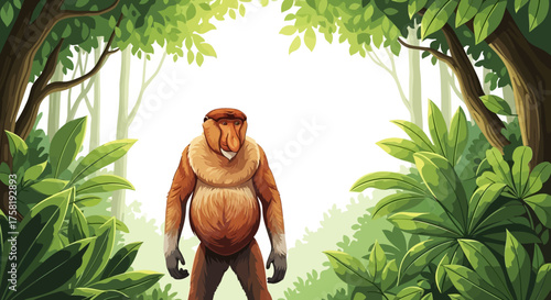 Cartoon Proboscis Monkey Standing Upright in a Lush Green Forest.