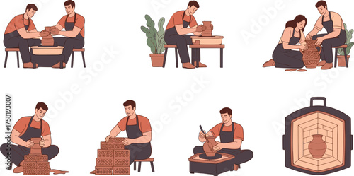Cartoon People Making Pottery with Clay, Wheel, Kiln, and Paint in Studio Scenes, Calm Mood, Seven-Scene Craft Series