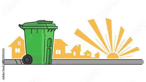Green trash can with wheels in front of houses at sunrise  