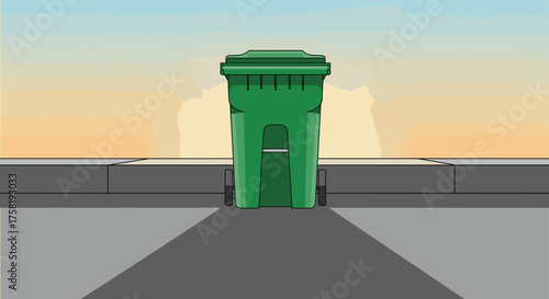 Green trash can with wheels on a street during sunset  