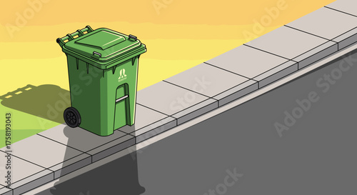 Trash can with wheels on sidewalk against yellow background  