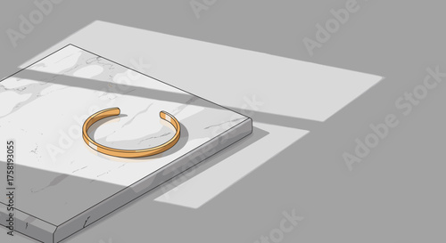 Golden bracelet on marble platform with soft shadows in minimal style  