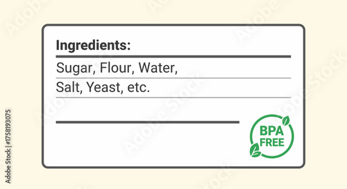 Ingredients label with BPA free symbol and list of ingredients  