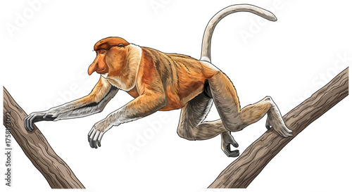 Digitally Illustrated Proboscis Monkey Leaping Across Tree Branches Detailed Artwork.
