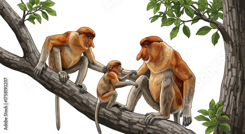 Illustration of a Proboscis Monkey Family on a Tree Branch Detailed and Colorful.