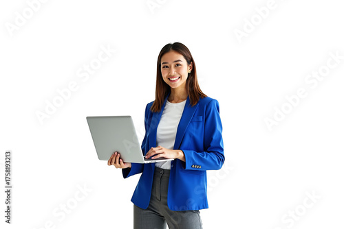 Portrait of a smiling Asian businesswoman in a stylish blue blazer holding a laptop, isolated on a transparent background