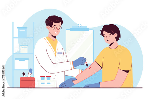 Doctor taking blood sample from patients arm vector illustration of medical procedure for healthcare and diagnostic concepts