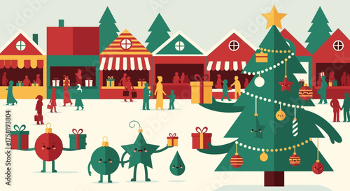Festive Christmas Market Scene with Decorated Tree.
