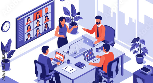 Isometric Illustration of a Virtual Team Meeting.