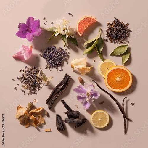 Vibrant herbs, fruits, and flowers on a light backdrop