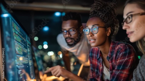 Diverse team collaborates on coding project, analyzing data on a large screen